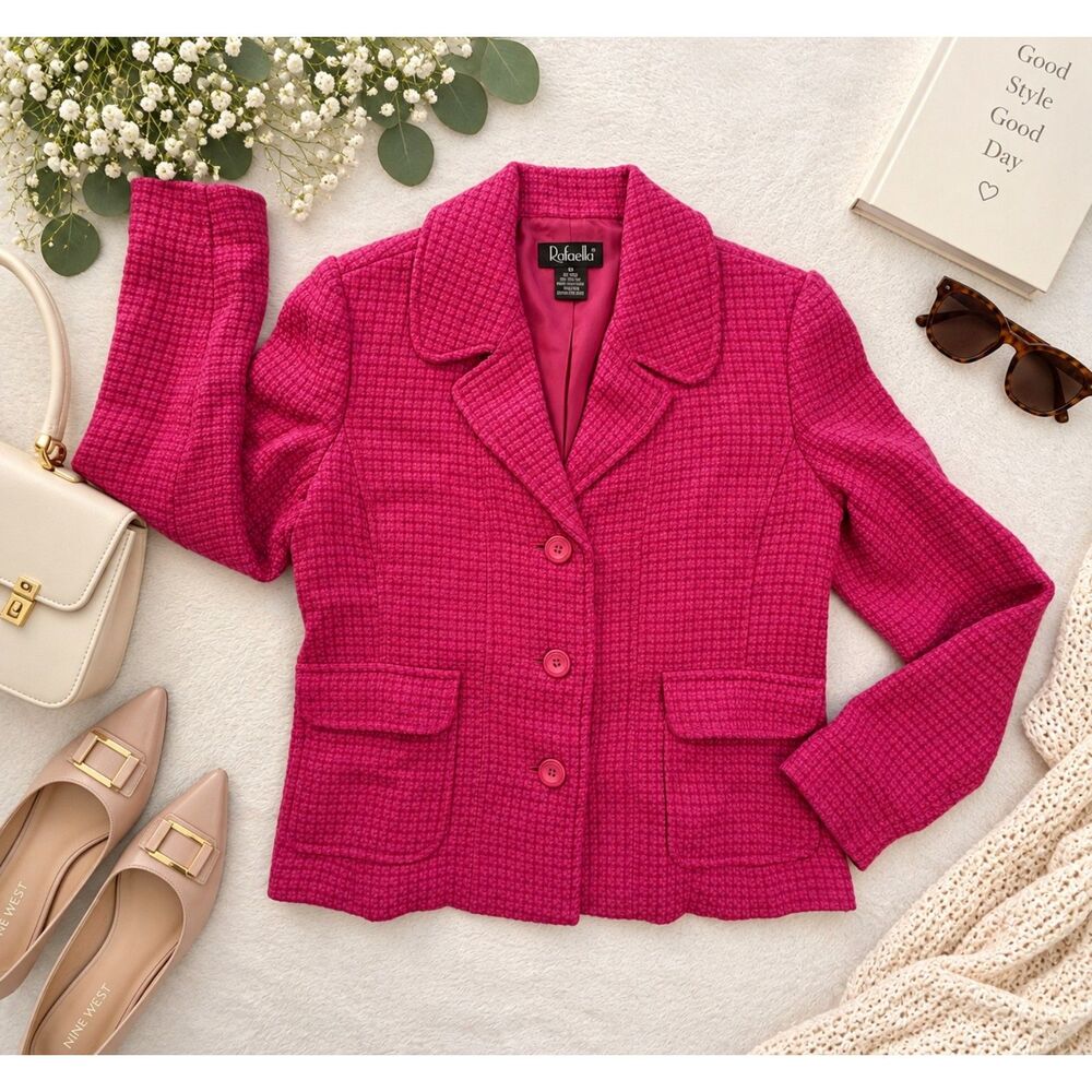 Rafaella Pink Fuchsia Wool Blend Tweed Blazer Jacket Size 12